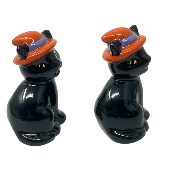 Halloween Black Cat with Orange Witch's Hat Salt and Pepper Set 2.5" x 1.75" NEW - Picture 2 of 8